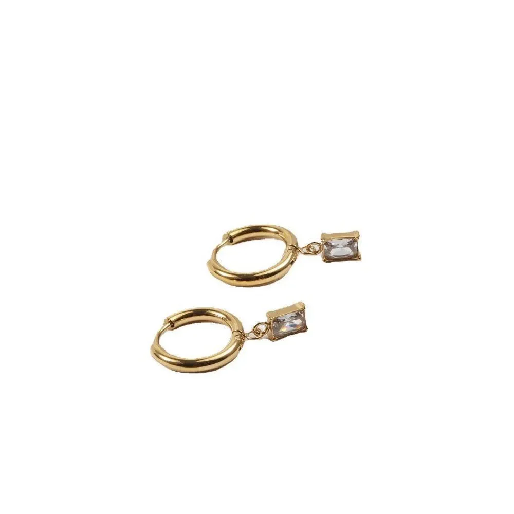 Real 18K Gold Plated Stainless Steel Huggie Hoop Baguette Crystal Earrings - Picture 4 of 6